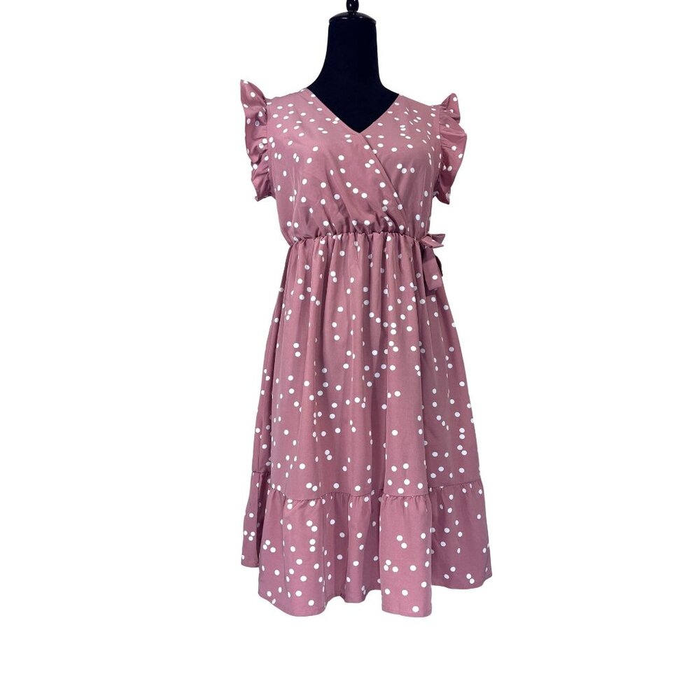 PatPat All Over Dots Pink Cross Wrap V Neck Ruffle Flutter-sleeve Dress Romantic